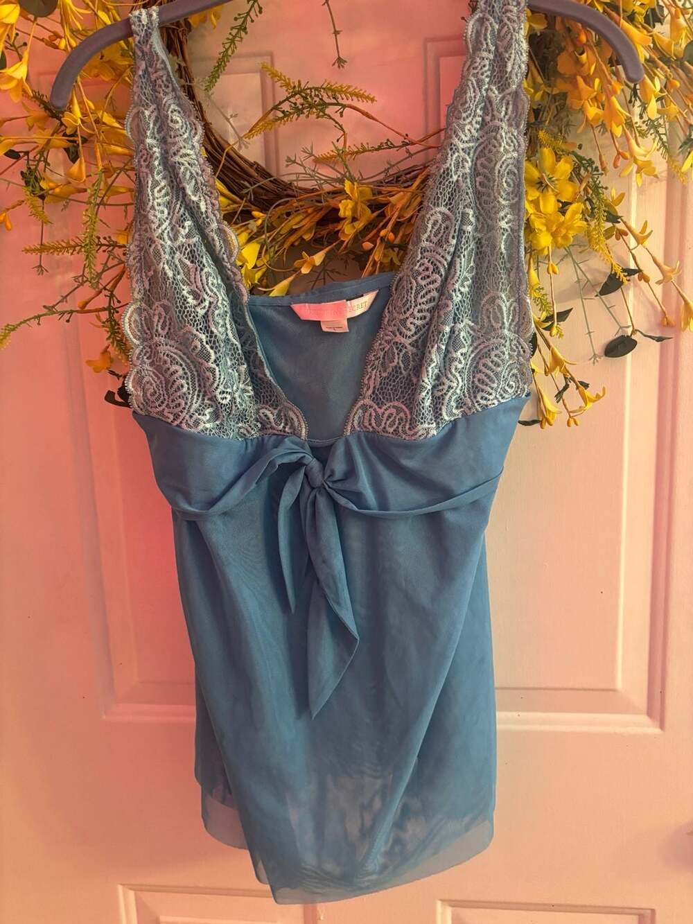 Victoria's Secret Blue Lace Trim Babydoll Lingerie Slip Nightgown Size L